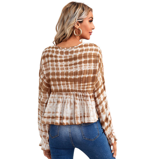 Damen luftiges Peplum-Blusenshirt mit Batikmuster, Kordel‑Neckline und gerafften Ärmeln Shop Nory