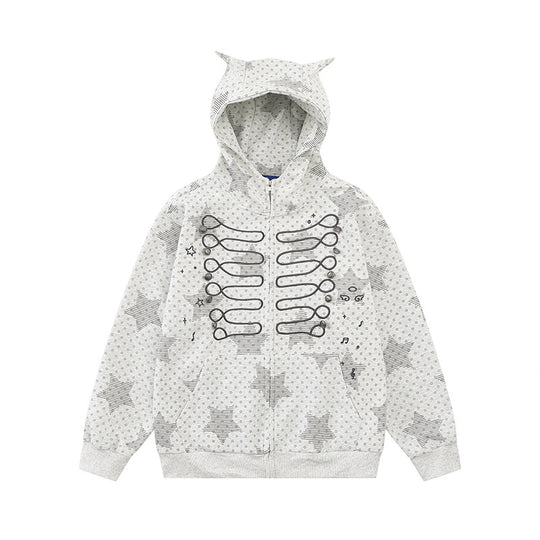 Damen Kapuzen‑Sweatjacke mit 3D‑Ohrenapplikationen, durchgehendem Reißverschluss und verspieltem Militär‑Illustrationsprint Shop Nory