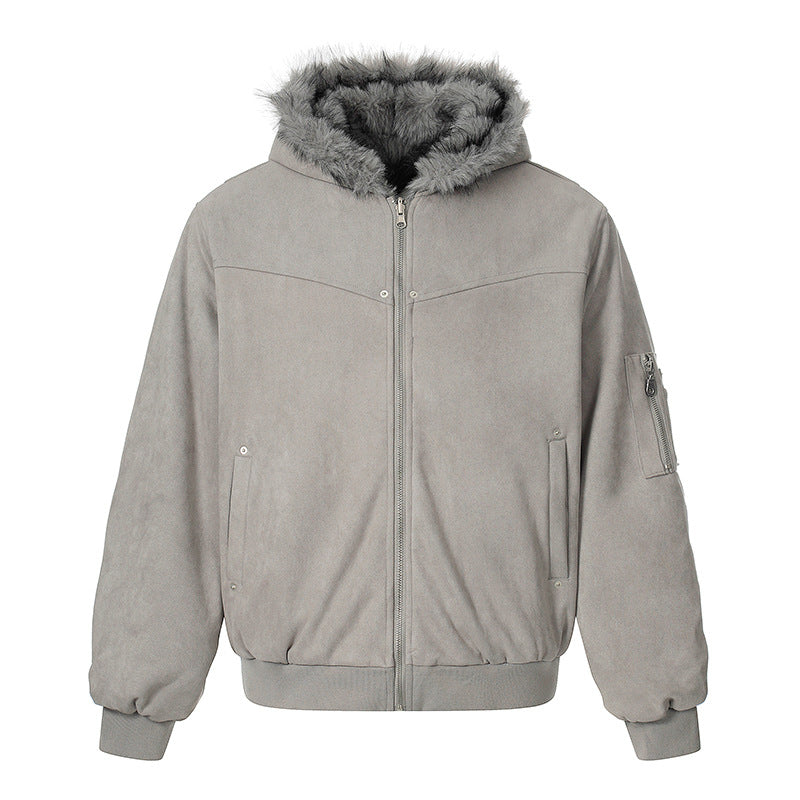 Damen Gepolsterte Kapuzen-Bomberjacke mit Kunstfellfutter, Velours-Außenmaterial und Reißverschluss Shop Nory