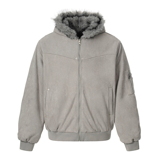 Damen Gepolsterte Kapuzen-Bomberjacke mit Kunstfellfutter, Velours-Außenmaterial und Reißverschluss Shop Nory