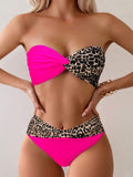 Damen Bandeau-Bikini mit modischem Leopardenmuster und leuchtendem Design