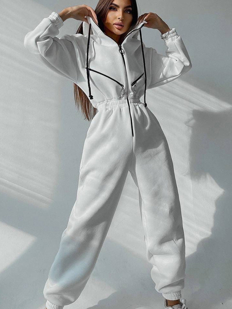 Damen Taillierter Kapuzen-Sweat-Jumpsuit mit Reißverschluss und elastischem Taillenbund Shop Nory