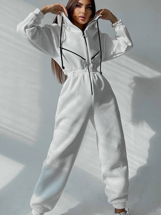 Damen Taillierter Kapuzen-Sweat-Jumpsuit mit Reißverschluss und elastischem Taillenbund Shop Nory