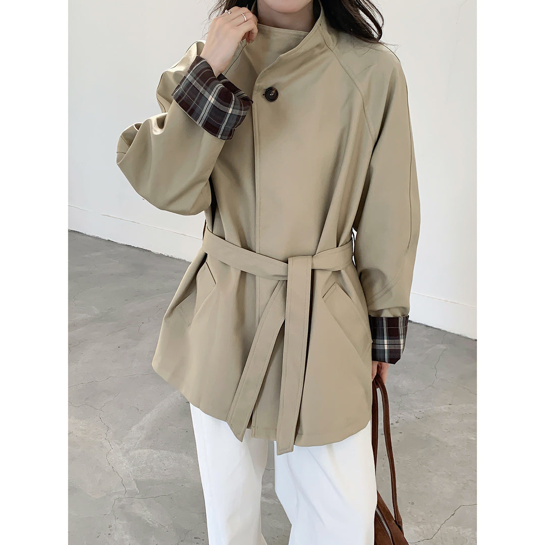 Damen Oversize Trenchcoat mit Taillengürtel und karierter Ärmelaufschlag Shop Nory