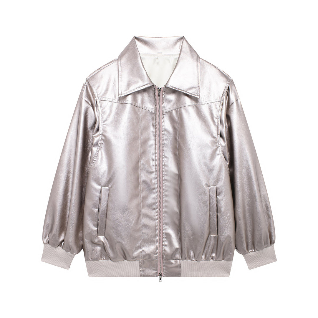 Damen Kunstlederjacke mit elastischen Bündchen und hochschließendem Kragen