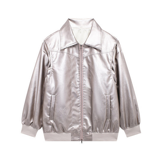 Damen Kunstlederjacke mit elastischen Bündchen und hochschließendem Kragen