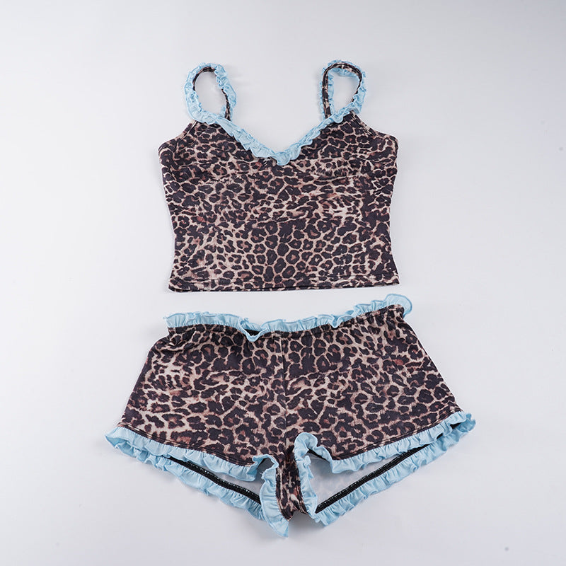 Damen Schlafanzug-Set mit Leopardenmuster und Rüschendetails