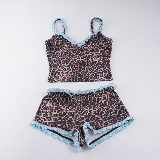 Damen Schlafanzug-Set mit Leopardenmuster und Rüschendetails