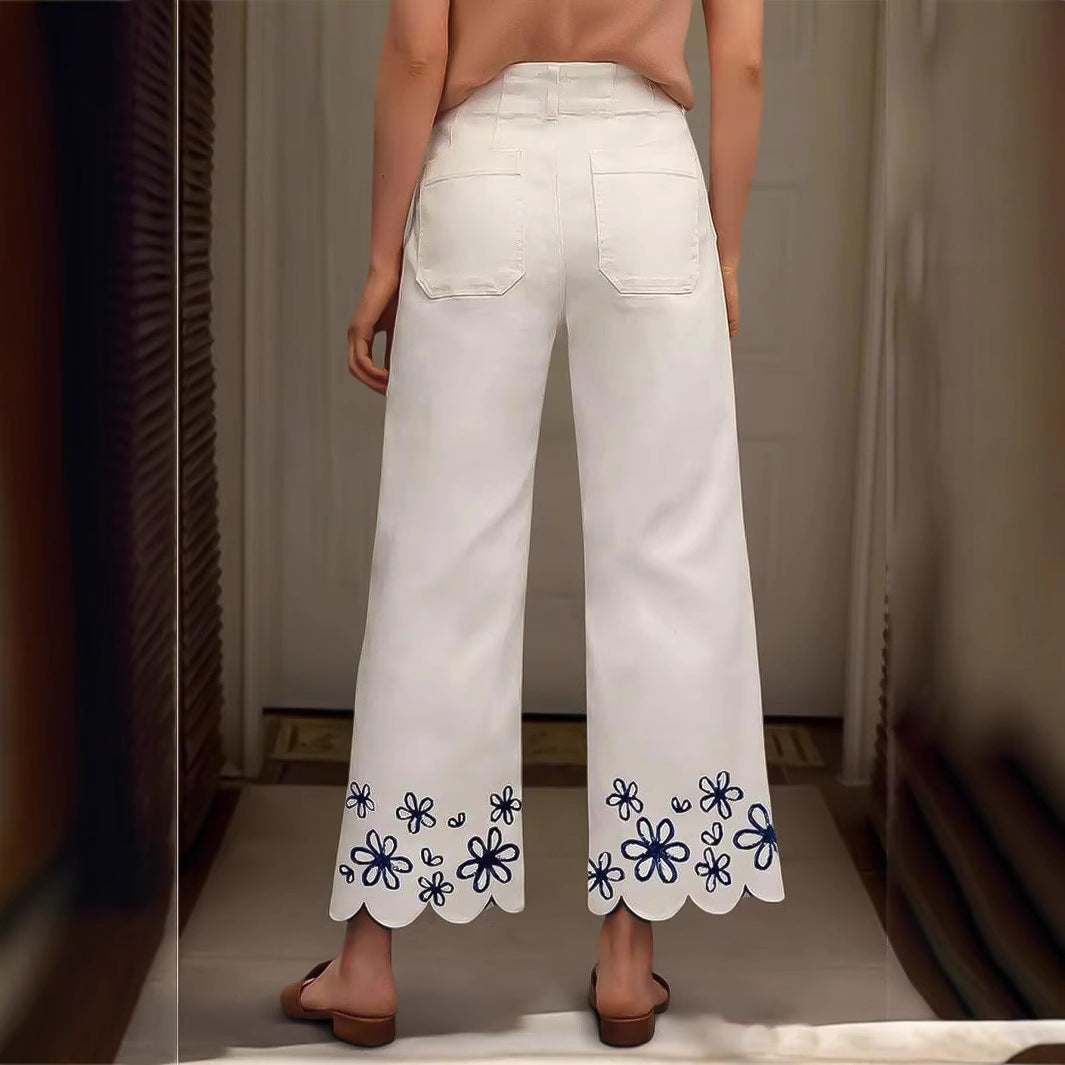 Damen Hochtaillierte Cropped‑Palazzohose mit floraler Stickerei und Wellensaum Shop Nory