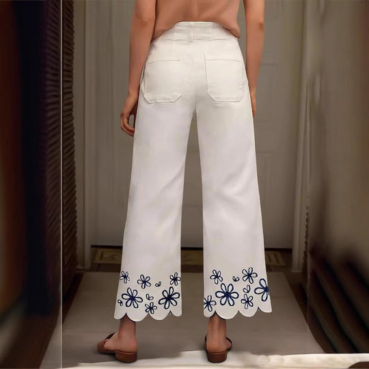 Damen Hochtaillierte Cropped‑Palazzohose mit floraler Stickerei und Wellensaum Shop Nory