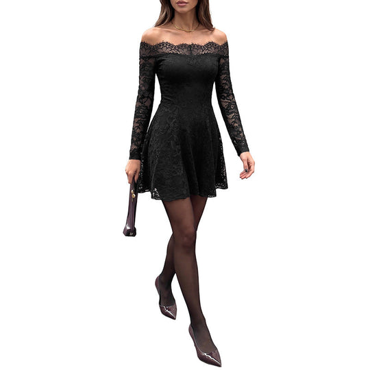 Damen Figurfreundliches Spitzen A‑Linien Minikleid mit Carmen‑Ausschnitt und transparenten Ärmeln Shop Nory