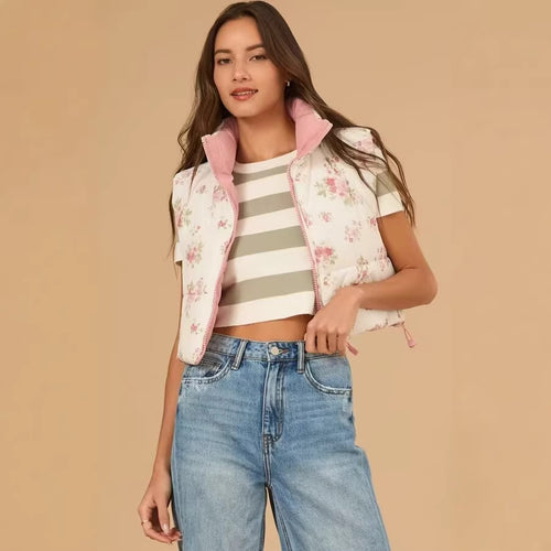 Damen Kurz geschnittene gesteppte Weste mit Stehkragen und floralem Muster Shop Nory