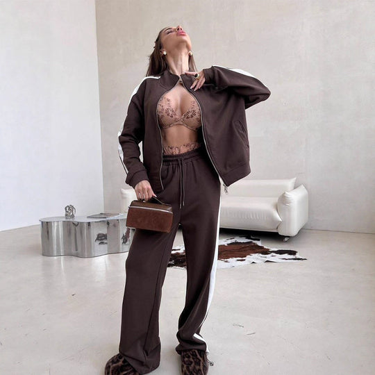 Damen weites Zip-Sweatset mit Kapuze, hohen Bund und seitlichem Kontraststreifen Shop Nory