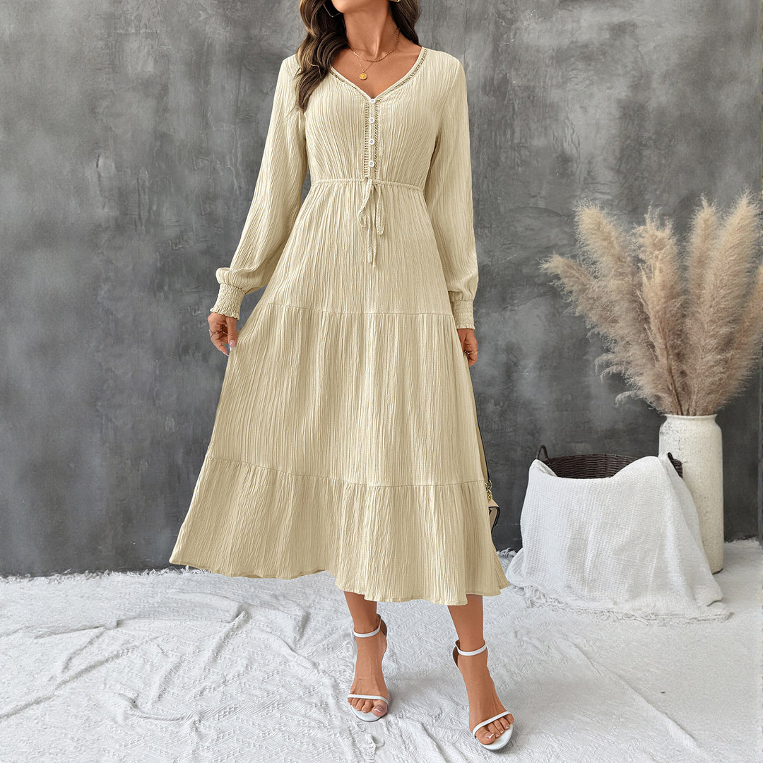Damen Crinkle-Midikleid mit V-Ausschnitt, Knopfleiste, tailliertem Bindegürtel und Stufenrock Shop Nory
