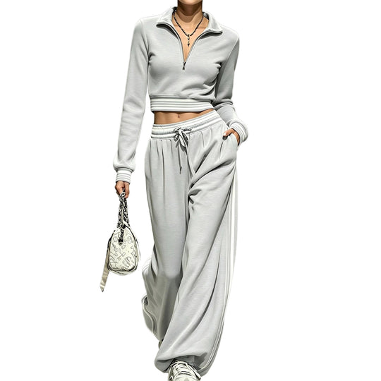 Damen Cropped-Trainingsset mit halbem Reißverschlusskragen und weitem Bundfalten-Jogger Shop Nory
