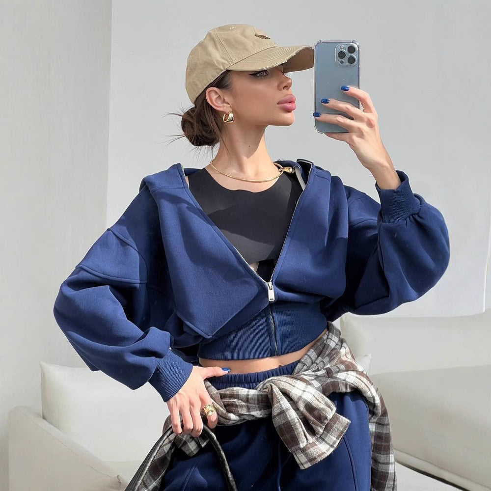 Damen kurzes Kapuzen-Sweatjacke mit Balloonärmeln und elastischer High-Waist Palazzo-Freizeithose Shop Nory