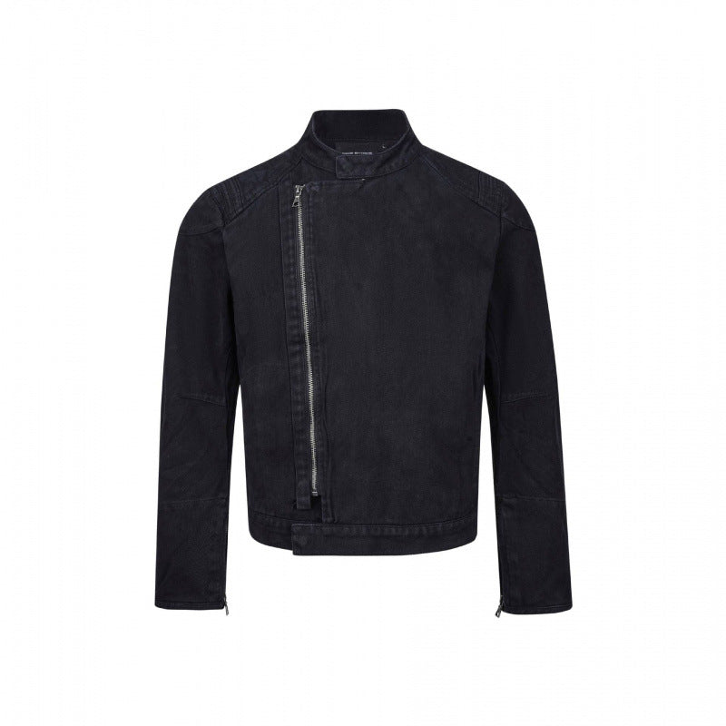 Herren Asymmetrische Kurzjacke im Biker-Stil mit Stehkragen und schrägem Metallreißverschluss Shop Nory