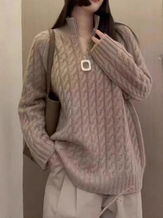 Damen Oversize Zopfmuster-Feinstrickpullover mit halbem Zipper und Stehkragen Shop Nory
