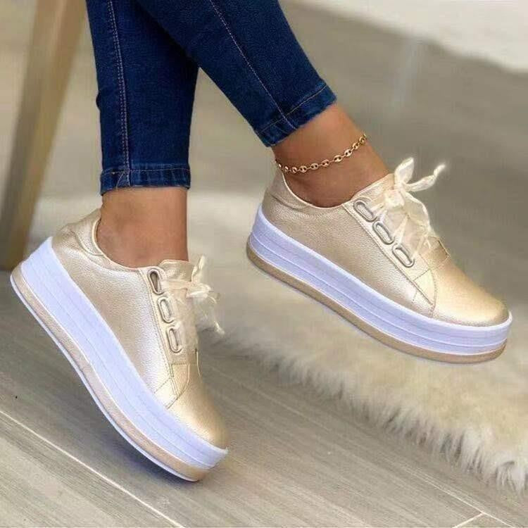Damen Plateau-Sneaker aus luxuriösem, schimmerndem Material mit bequemer Schnürung