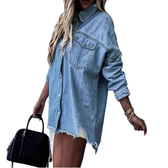 Damen Oversize-Denim-Hemdjacke mit Fransen-Saum, Brusttaschen und Destroyed-Detail Shop Nory