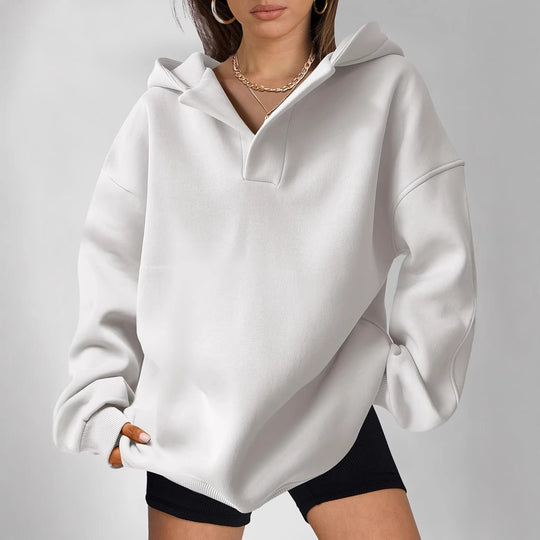 Damen Oversize-Kapuzenpullover mit V-Öffnung, tiefer Schulternaht und gerippten Bündchen Shop Nory