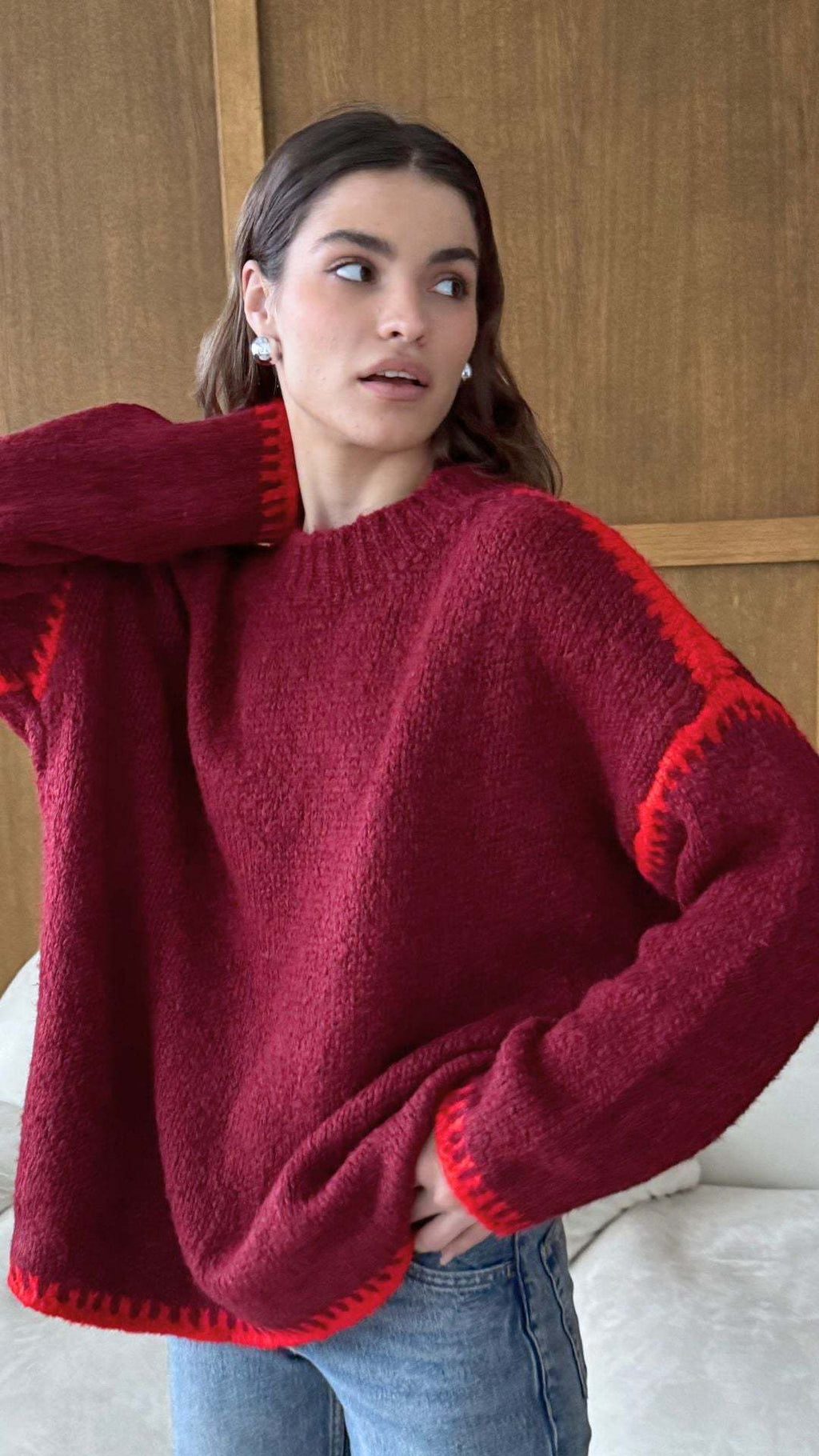 Damen kuscheliger Strickpullover mit kontrastierenden Akzentdetails