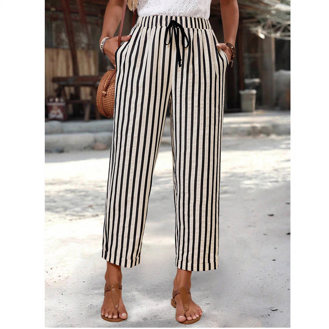 Damen Leichte hochtaillierte Streifen-Hose mit Elastikbund, Kordelzug und Seitentaschen Shop Nory