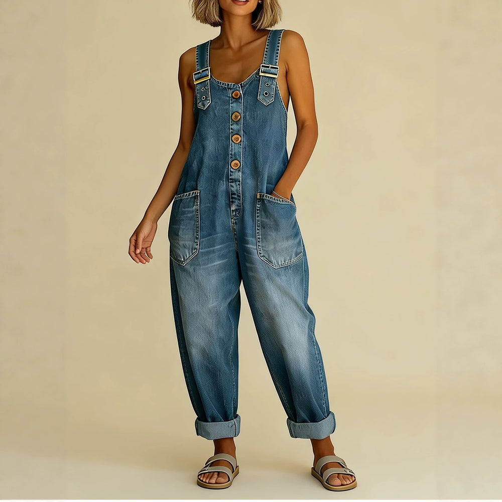 Damen Weite Denim-Latzhose mit Knopfleiste, verstellbaren Trägern und aufgesetzten Taschen Shop Nory