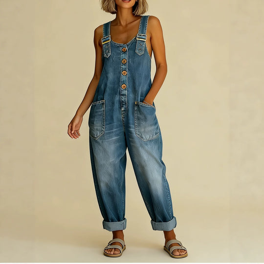 Damen Weite Denim-Latzhose mit Knopfleiste, verstellbaren Trägern und aufgesetzten Taschen Shop Nory