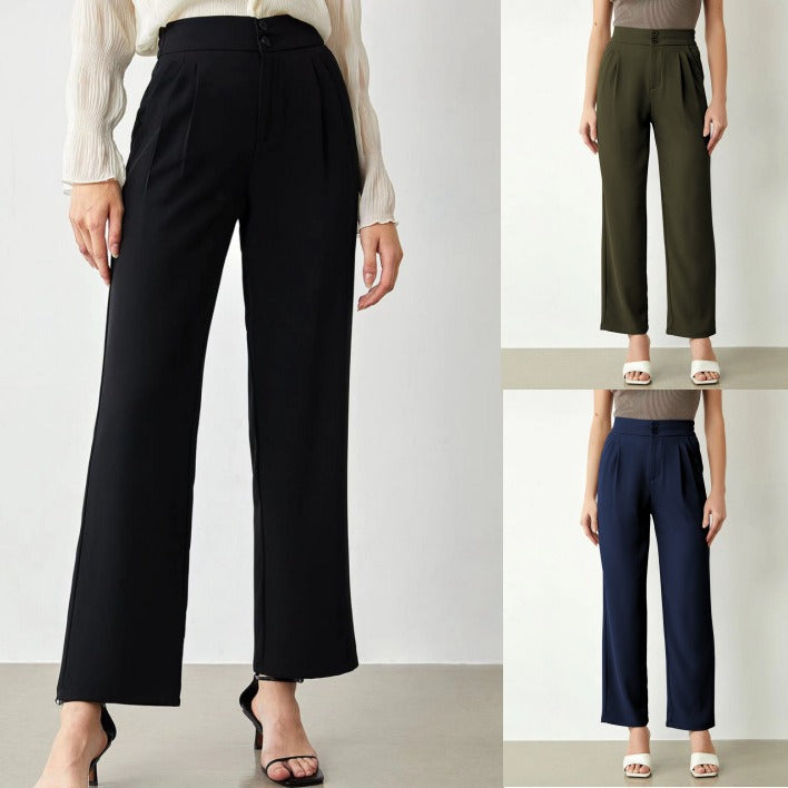 Damen Hochtaillierte weite Stoffhose mit Bundfalten und Doppelknopf Shop Nory