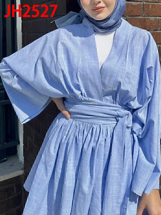 Damen Kimono-Wickelkleid in Leinenoptik mit weitem Rock und Bindegürtel Shop Nory