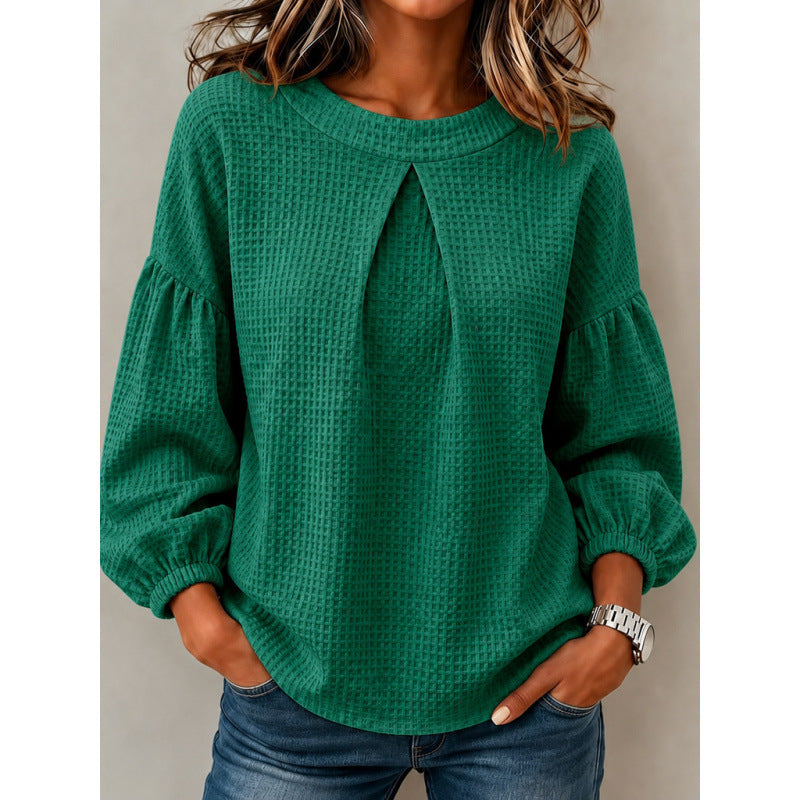 Damen Lockeres Waffelstrick-Sweatshirt mit Vorderfalte und Ballonärmeln Shop Nory