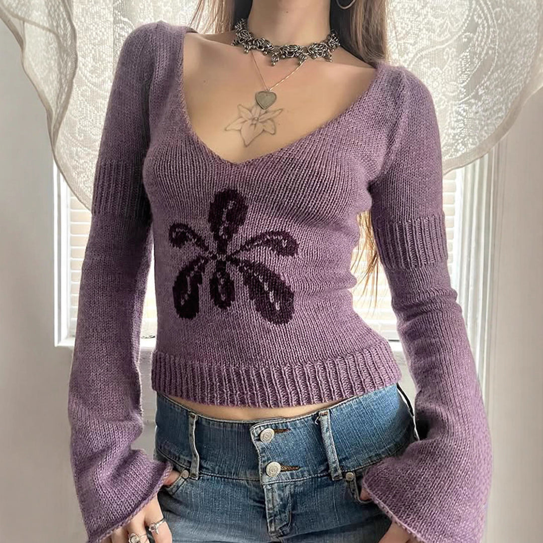 Damen nan kurzes Feinstrick V‑Pullover mit floralem Intarsienmotiv und ausgestellten Trompetenärmeln Shop Nory