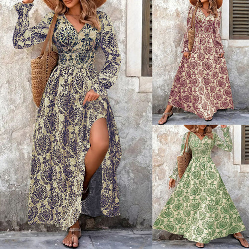 Damen Fließendes Maxikleid mit geraffter Smock-Taille, Trompetenärmeln und ornamentalem Druck Shop Nory