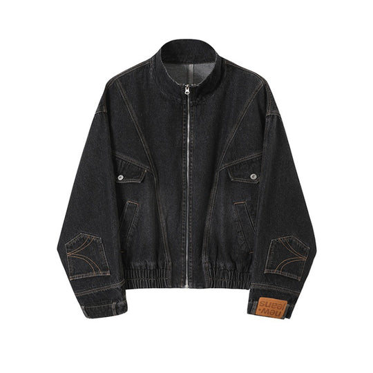 Damen Oversized Jeansjacke mit Stehkragen, Reißverschluss und elastischem Saum Shop Nory