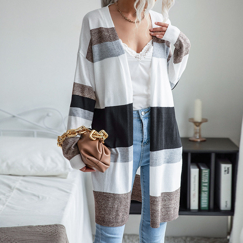 Damen Langer Offener Strickcardigan mit Blockstreifen, Leichtem Fall und Eingrifftaschen Shop Nory