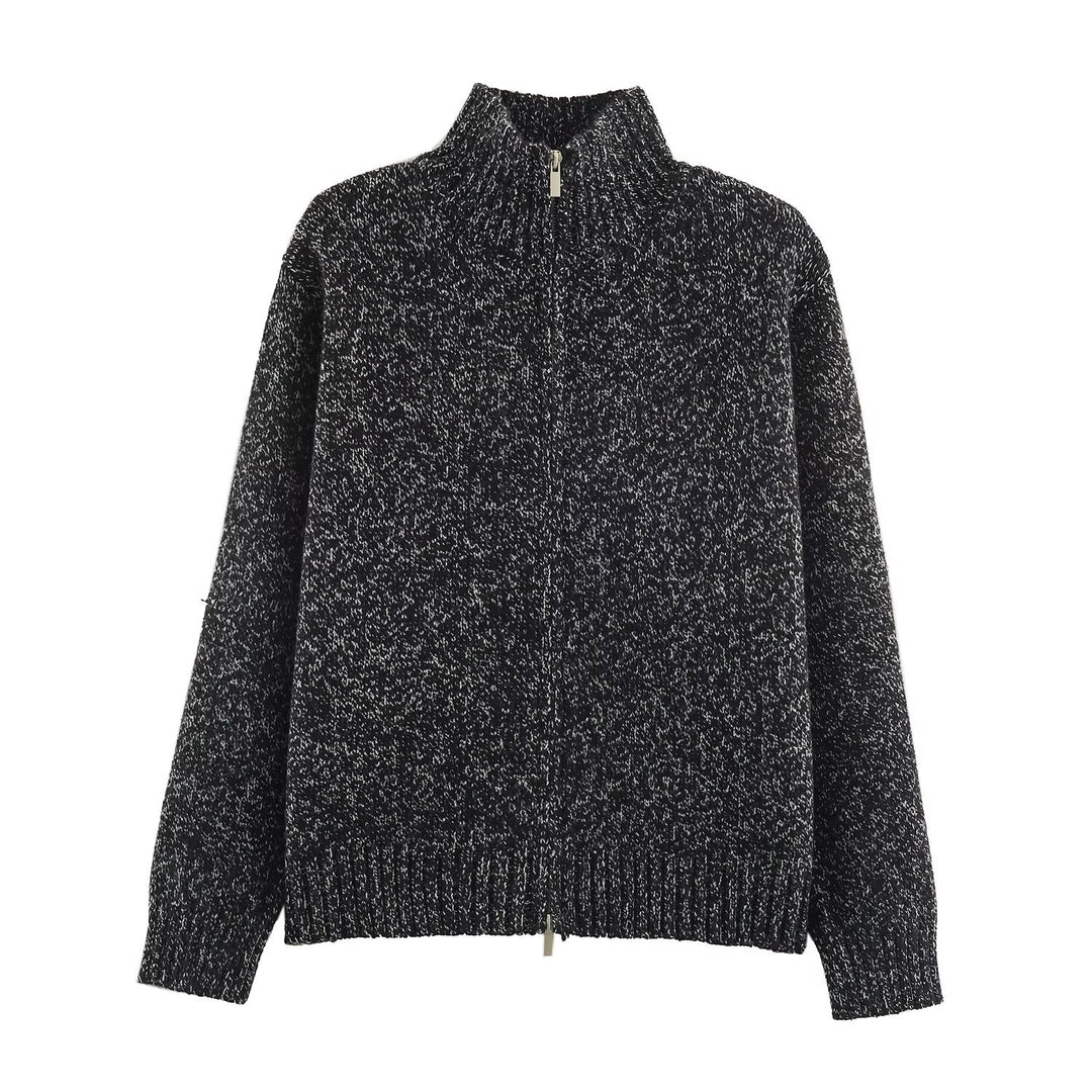 Damen Grobgestrickter Reißverschluss-Pullover mit Stehkragen und geripptem Saum Shop Nory