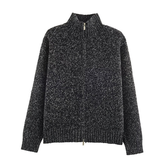 Damen Grobgestrickter Reißverschluss-Pullover mit Stehkragen und geripptem Saum Shop Nory