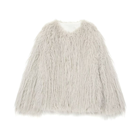 Damen Faux-Fur-Pelzjacke mit langem Shaggy-Fell und Rundhalsausschnitt Shop Nory
