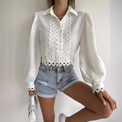 Damen Gestickte Leinenbluse mit Lochspitze, Ballonärmeln und Hemdkragen Shop Nory