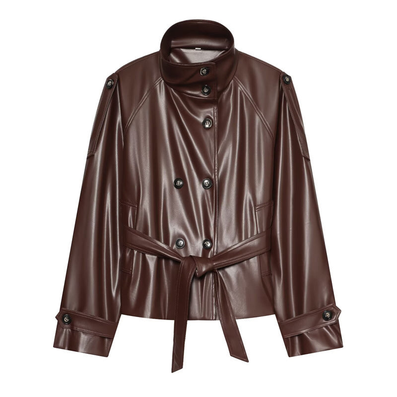 Damen taillierte Kunstlederjacke mit Stehkragen, Bindegürtel und doppelreihiger Knopfleiste Shop Nory