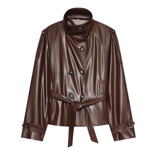 Damen taillierte Kunstlederjacke mit Stehkragen, Bindegürtel und doppelreihiger Knopfleiste Shop Nory