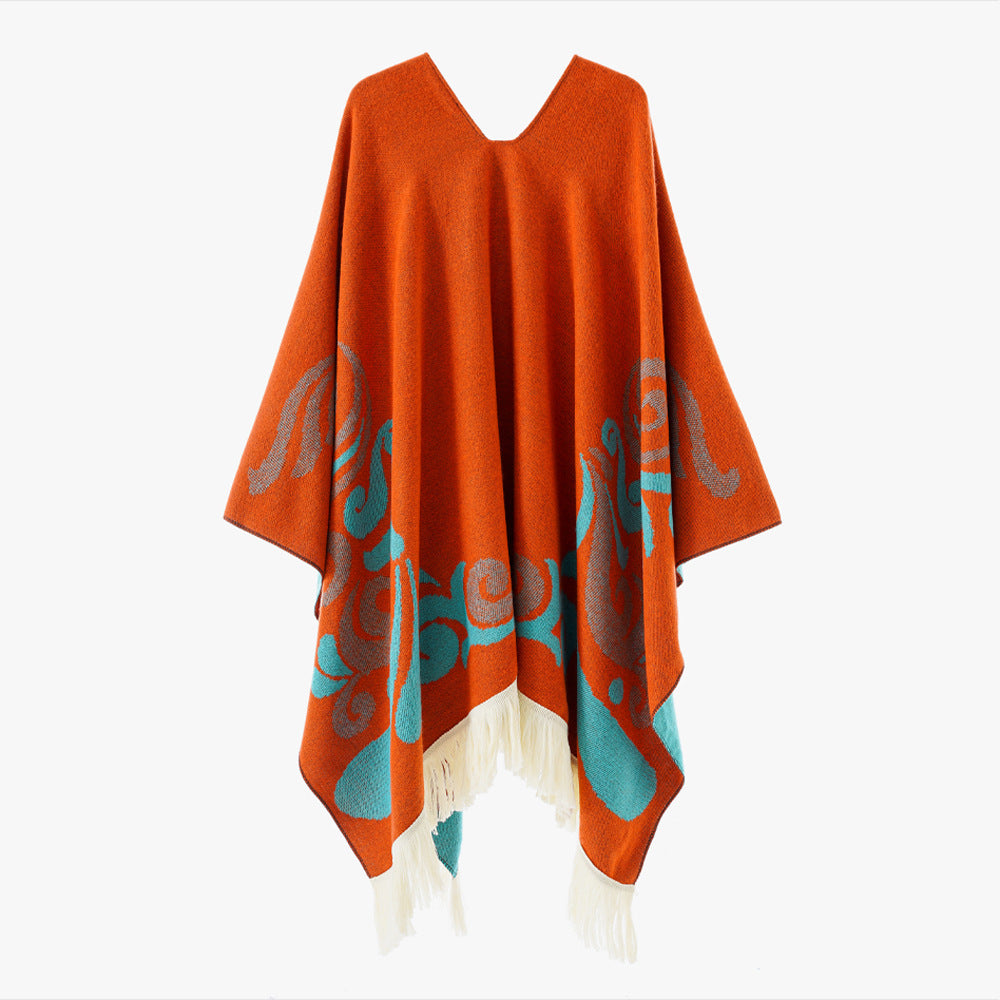 Damen Wollmix-Poncho im Umhangstil mit V-Ausschnitt, kontrastierendem Ornament-Jacquard und Fransen Shop Nory