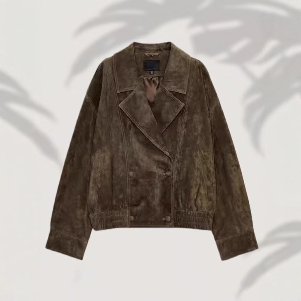 Damen Kurz geschnittene Wildlederjacke im Bomberstil mit luxuriösem Pelzkragen Shop Nory