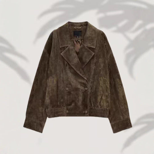 Damen Kurz geschnittene Wildlederjacke im Bomberstil mit luxuriösem Pelzkragen Shop Nory