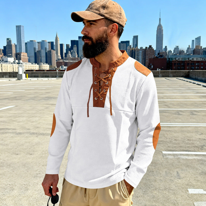 Herren Waffelstrick-Langarmshirt mit Schnürung und Kunstvelours-Ellbogenpatches Shop Nory