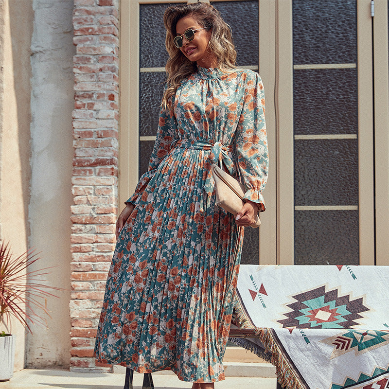 Damen Plissiertes Maxikleid mit Blumenprint, Stehkragen und Taillenband Shop Nory