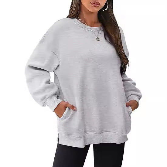 Damen nan lässiger Oversize-Sweatpullover mit seitlichen Eingrifftaschen, geripptem Saum und überschnittener Schulter Shop Nory