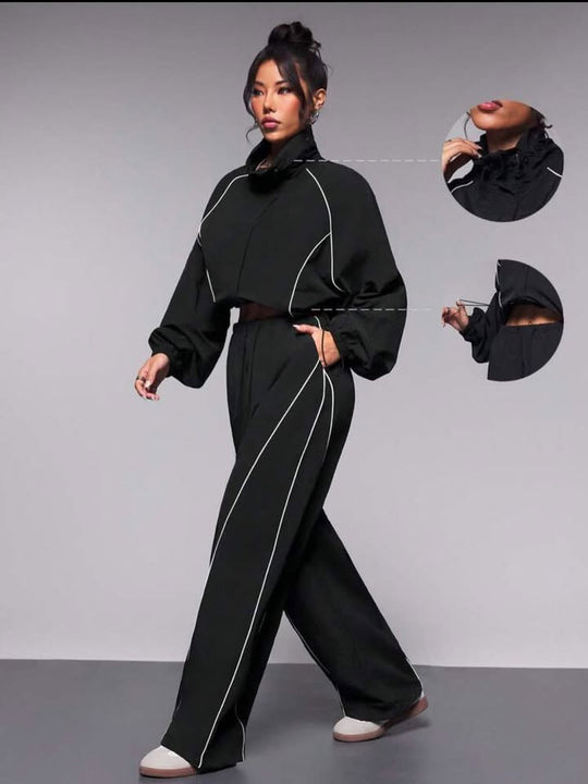 Damen sportives Cropped Windbreaker-Set mit Stehkragen Tunnelzug und reflektierenden Paspeln Shop Nory