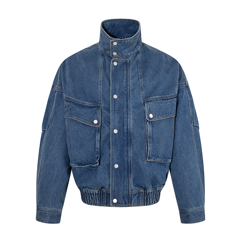 Damen Oversize-Jeansjacke mit Stehkragen, Druckknopfleiste und aufgesetzten Cargo-Taschen Shop Nory